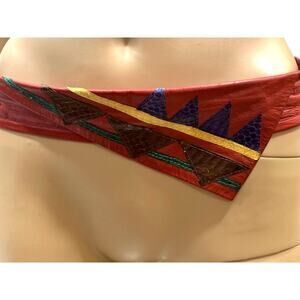 80s Soft Red Leather Asymmetrical Belt w Snakeskin Appliqué Avant Gardé | S/M